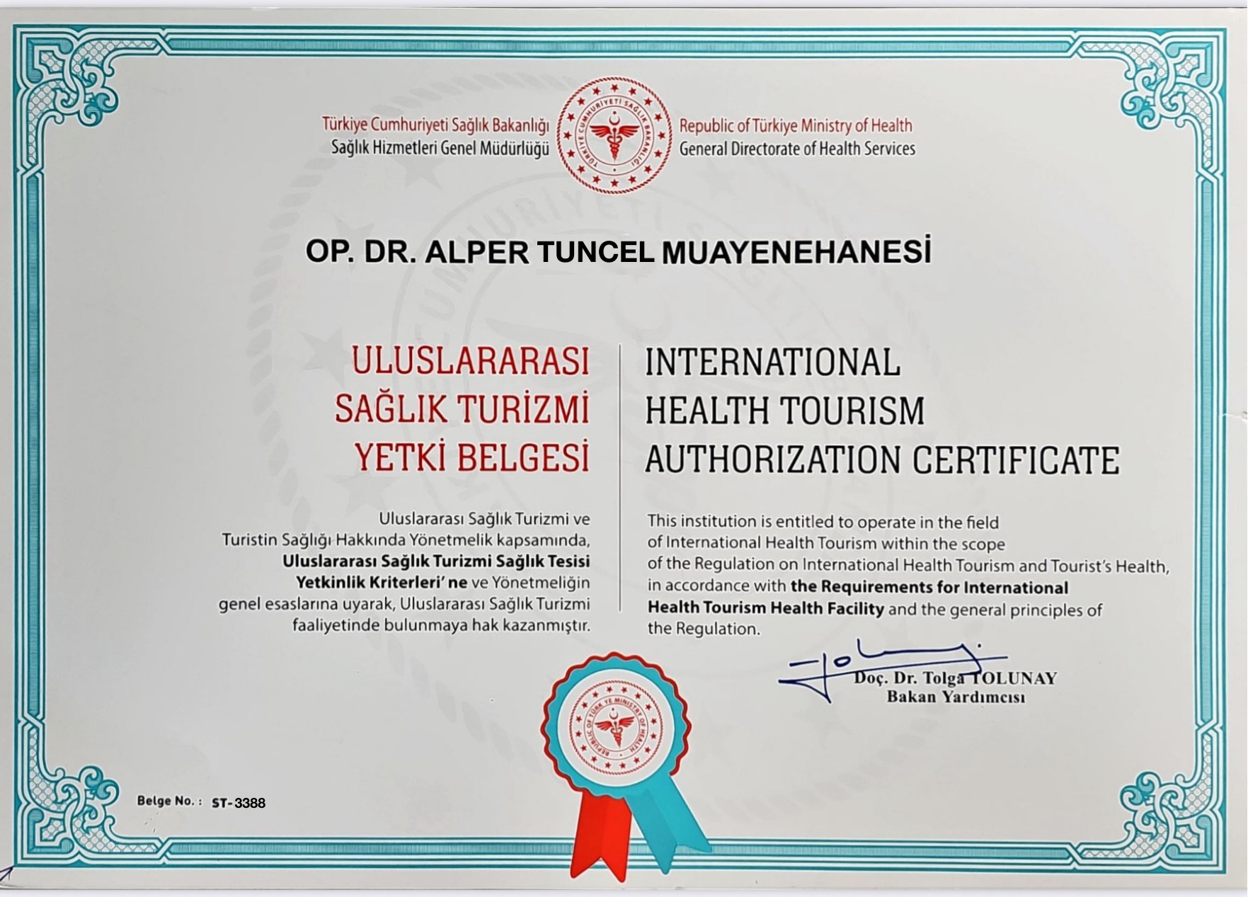 T.C. Sağlık Bakanlığı Uluslararası Sağlık Turizmi Yetki Belgesi — ST-3388